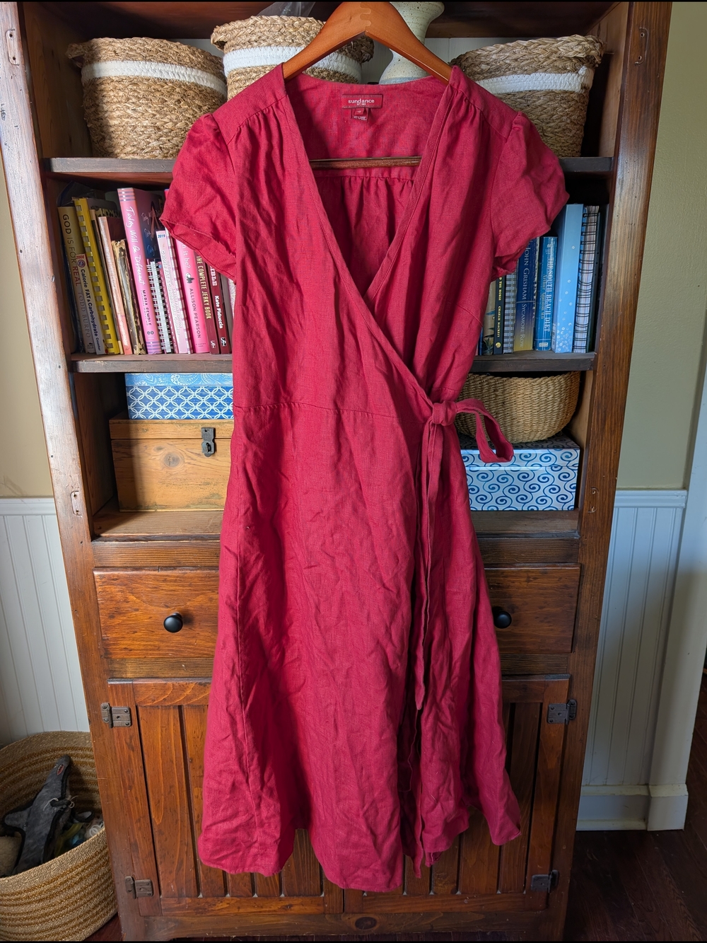 Sundance Red Linen Wrap Midi Dress with Tie Waist